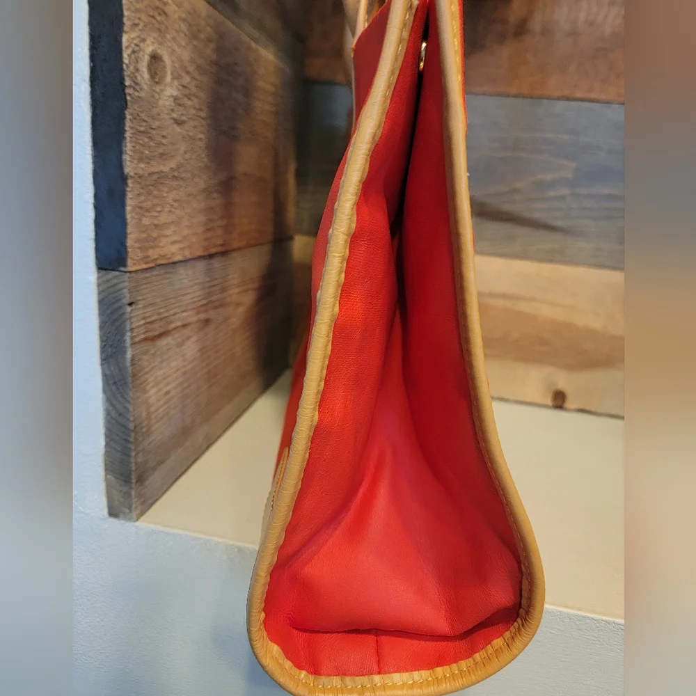 Tory Burch Red and Tan Vegan Leather Ella Tote Bag with Signature Medallion - Picture 6 of 12